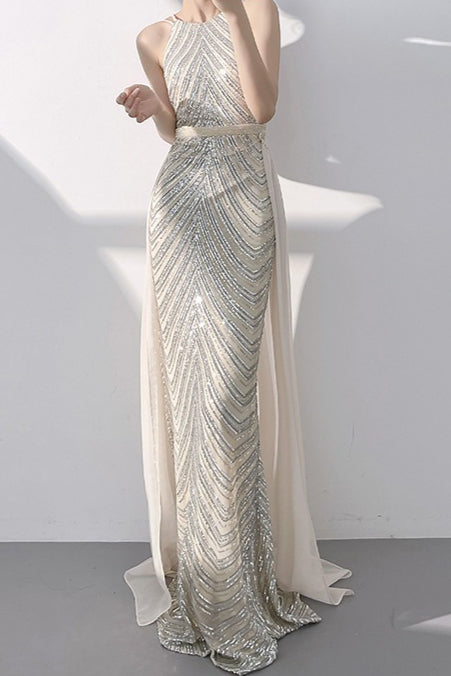 Beaded Sequin Halter Neck Mermaid Maxi Gown