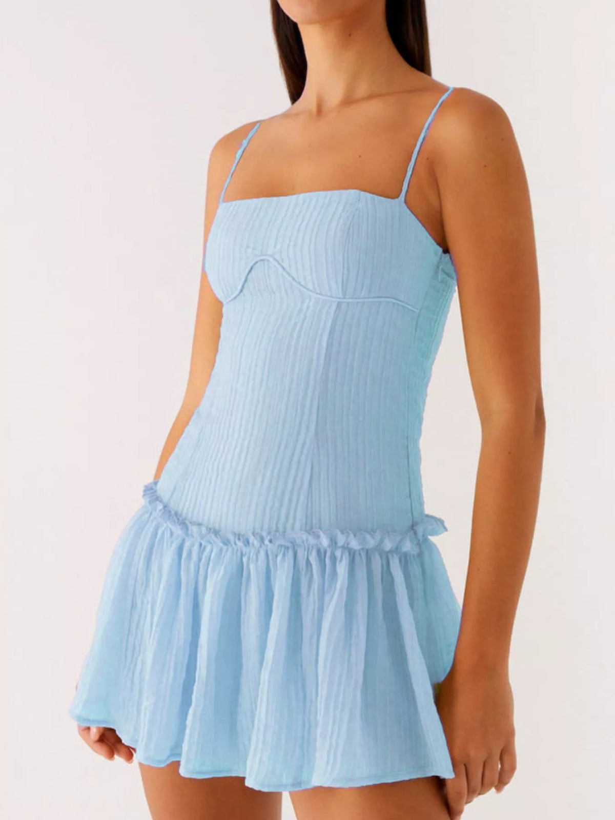 Textured Square Neck Cami Drop Waist Ruffle Hem Mini Dress 10