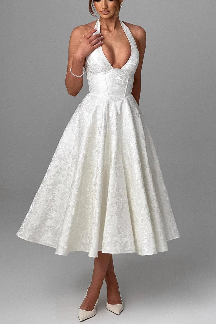 Halter Deep V-Neck Corset Jacquard Fit and Flare Midi Dress