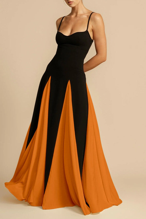 Spaghetti Strap Sweetheart Panelled Fit and Flare Maxi Gown