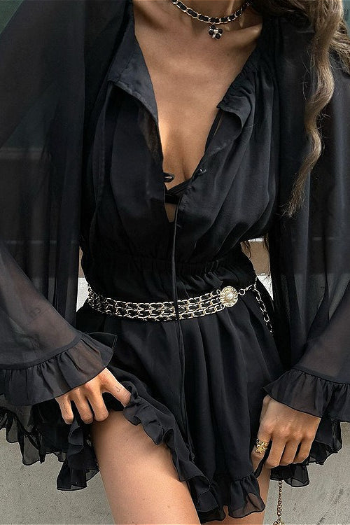 Black Mesh Sheer Ruched Waist Mini Dress - View 2