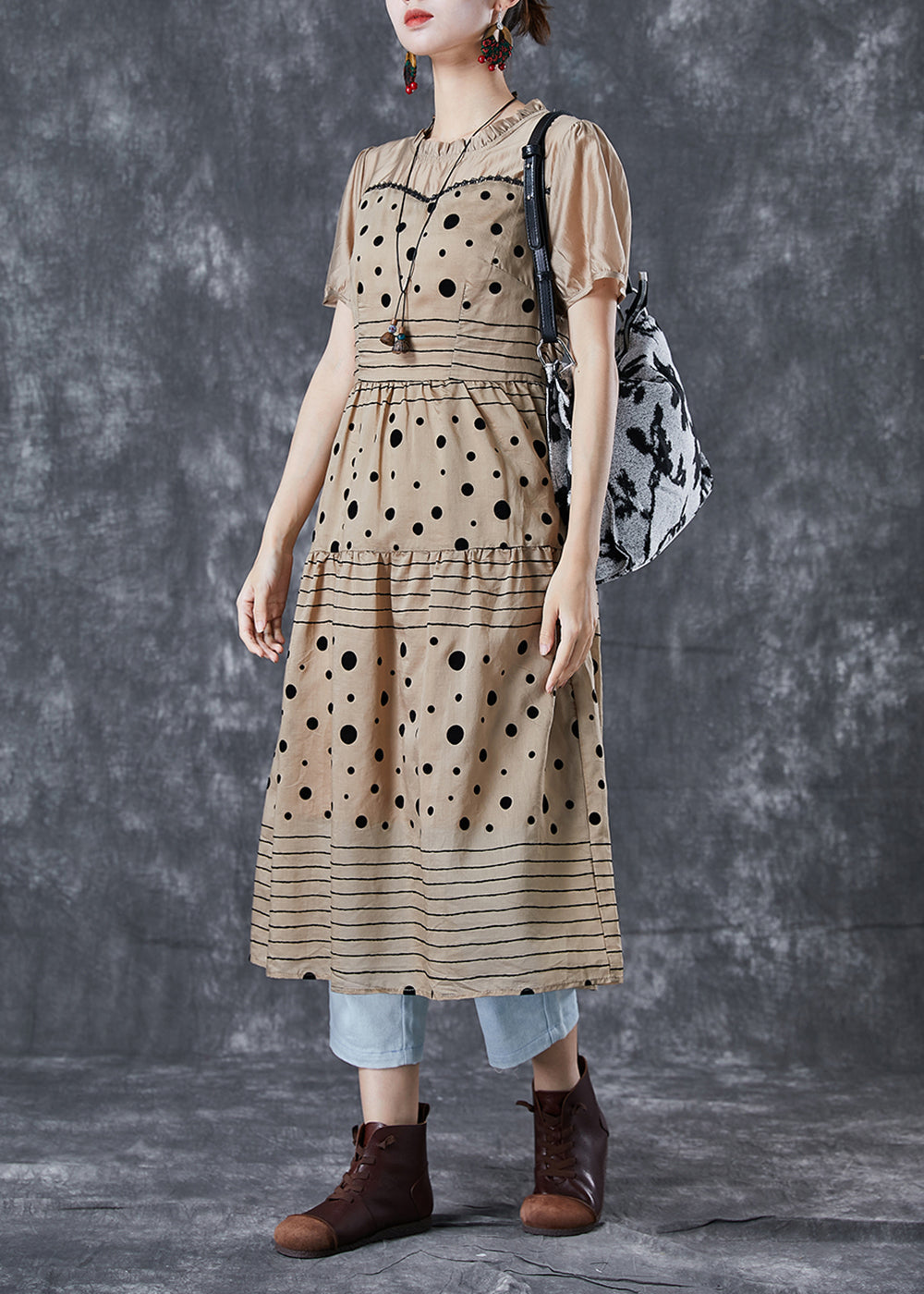 Polka Dot Stripe Patchwork Ruffle Neck Short Sleeve Tiered Midi Dress