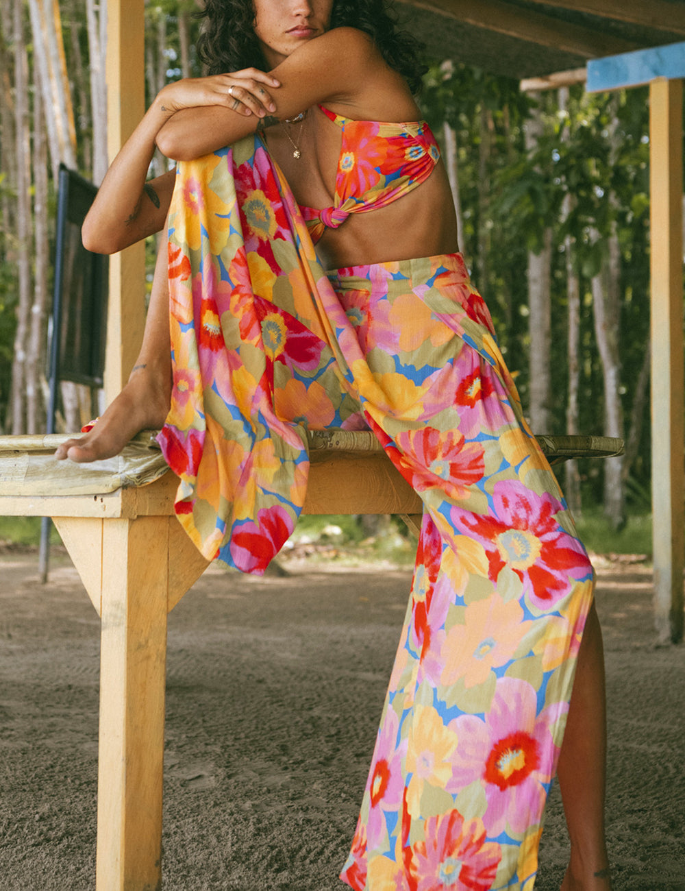 Floral Print High Waist High Split Wide Leg Pants