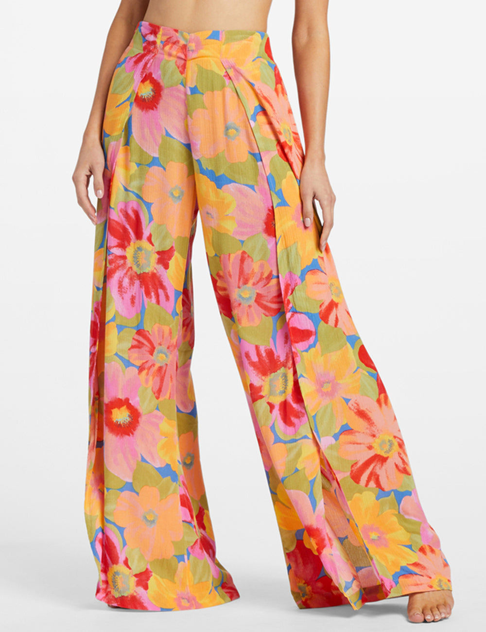 Floral Print High Waist High Split Wide Leg Pants
