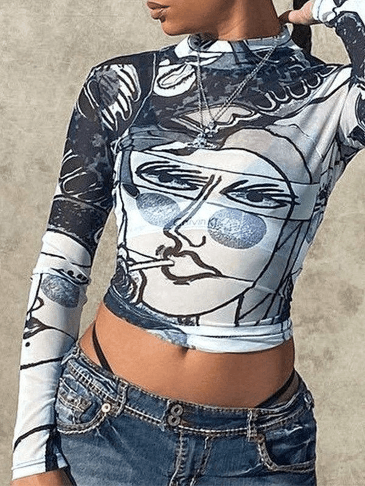 Abstract Face Print Mock Neck Long Sleeve Mesh Crop Top