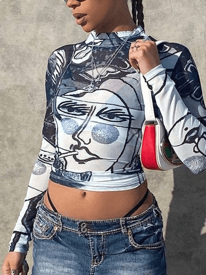 Abstract Face Print Mock Neck Long Sleeve Mesh Crop Top 2