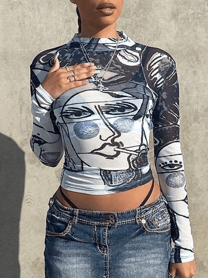 Abstract Face Print Mock Neck Long Sleeve Mesh Crop Top 3