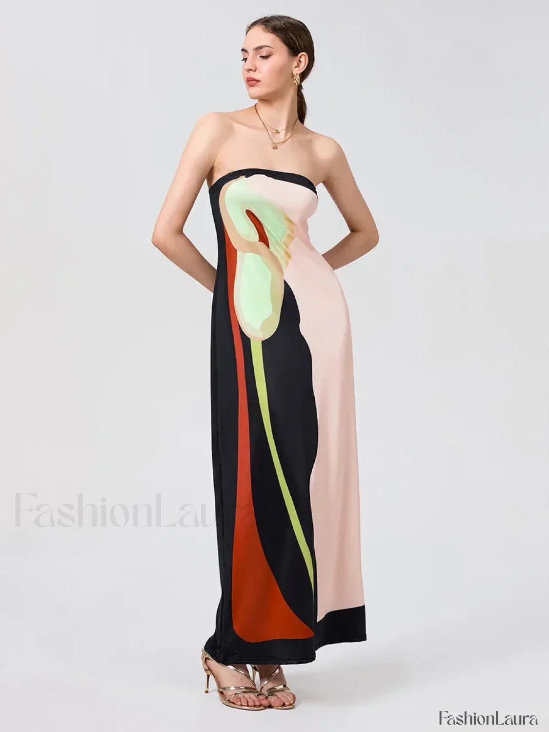 Abstract Strapless Loose Maxi Dress