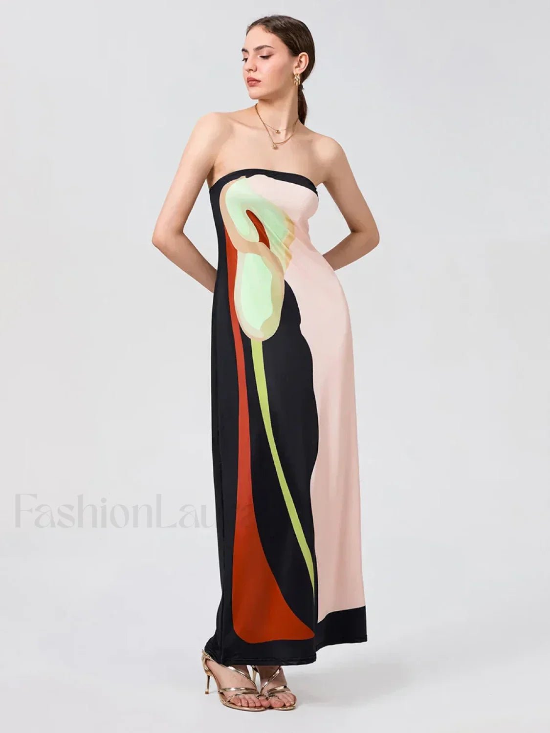 Abstract Strapless Loose Maxi Dress black / S