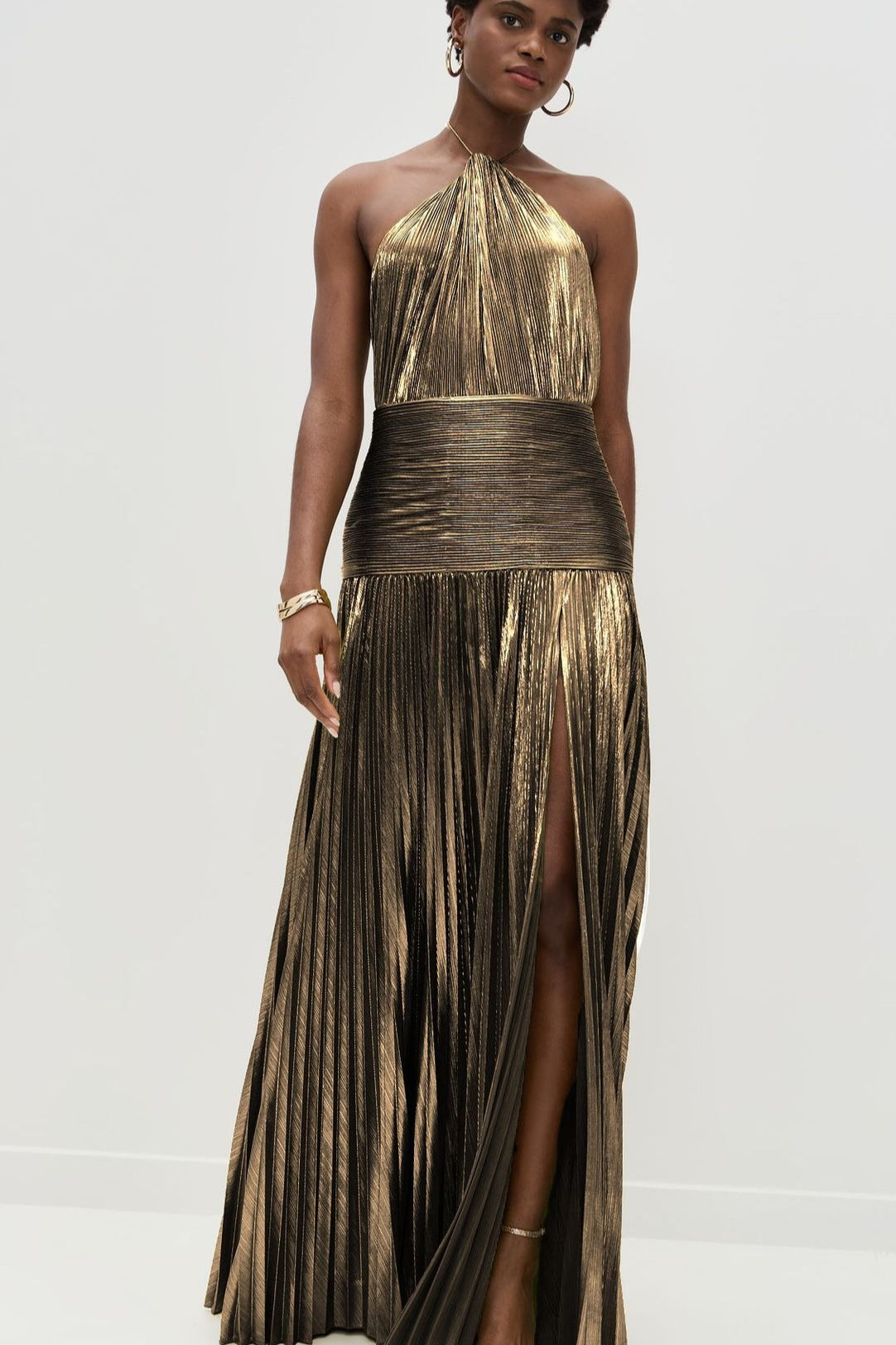 Metallic Halter Neck Pleated High Split Maxi Dress