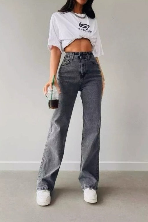 High Waist Washed Denim Full Length Straight Leg Jeans