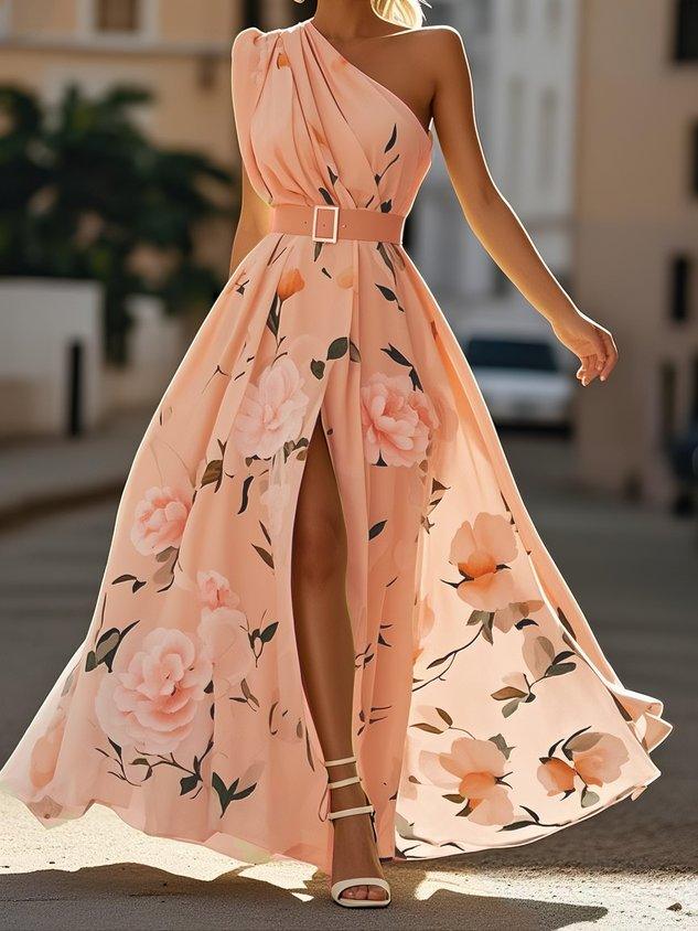 Light Green Floral Ruched One Shoulder A-Line Maxi Chiffon Dress Pink