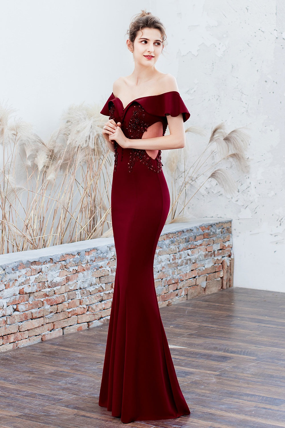 Off Shoulder Ruffle Beaded Mermaid Formal Gown
