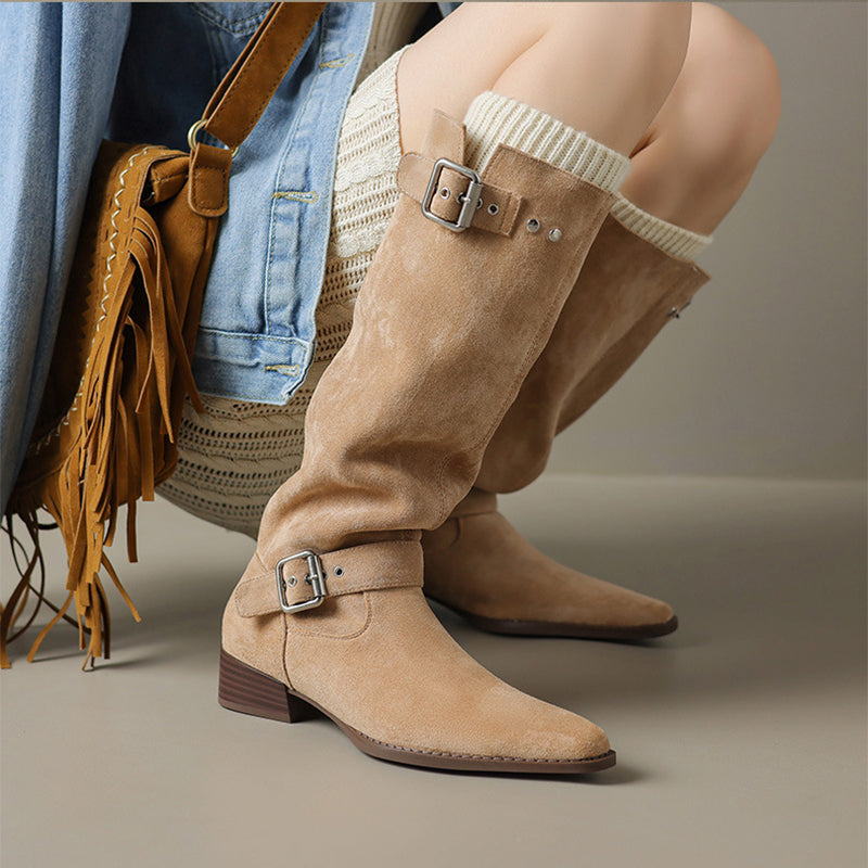 Womens Suede Leather Knee High Boots with Buckles In Black/Brown