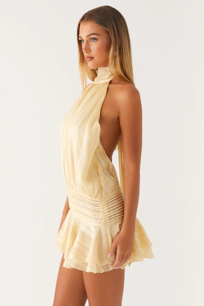 Satin Halter Neck Ruched Ruffle Hem Mini Dress