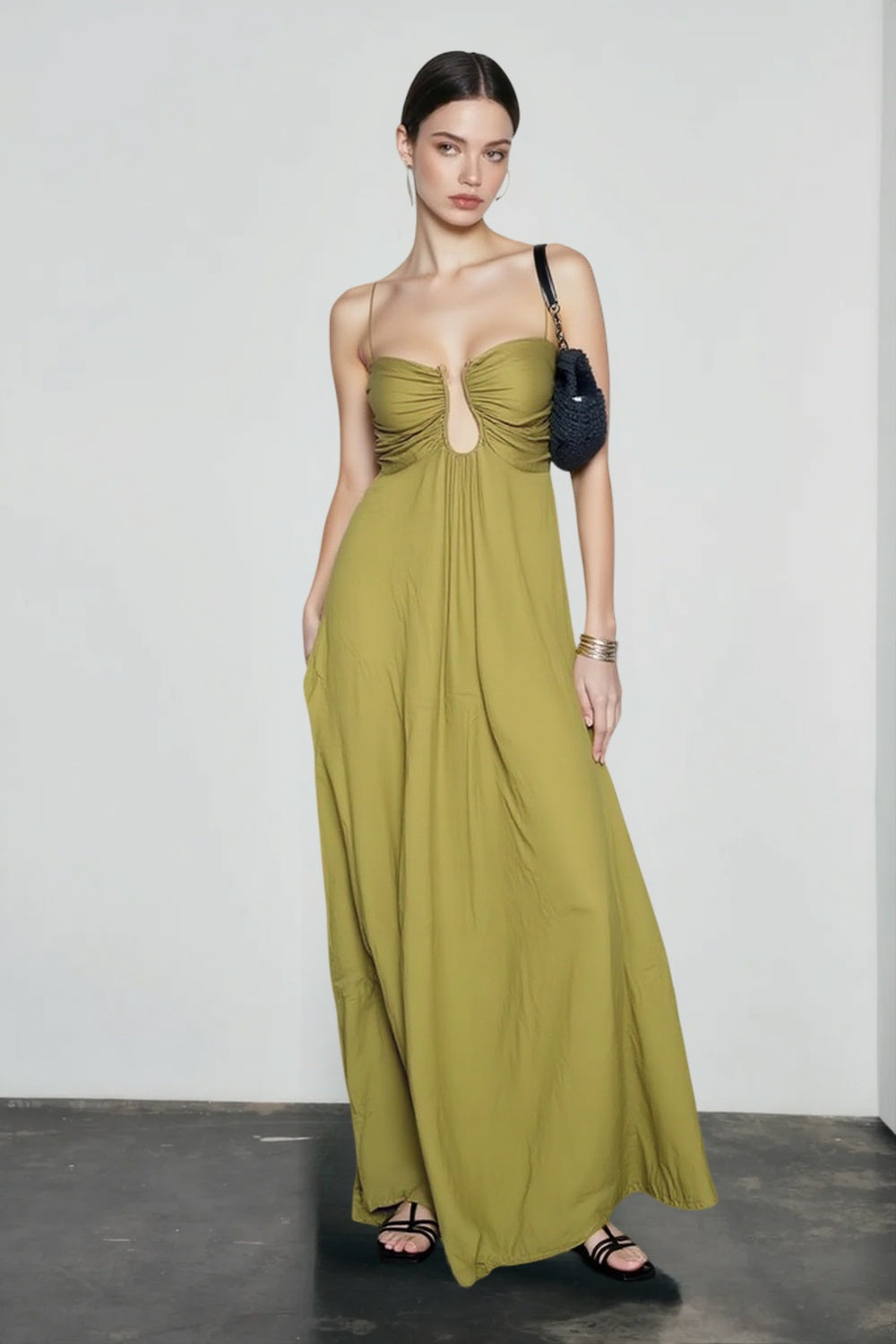 Spaghetti Strap Ruched Bust Keyhole Cut Out Flowy Maxi Dress