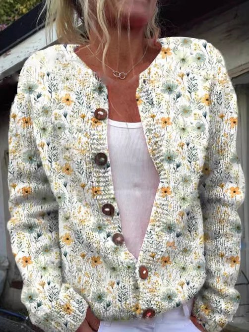 Round Neck Floral Print Button Front Knit Cardigan