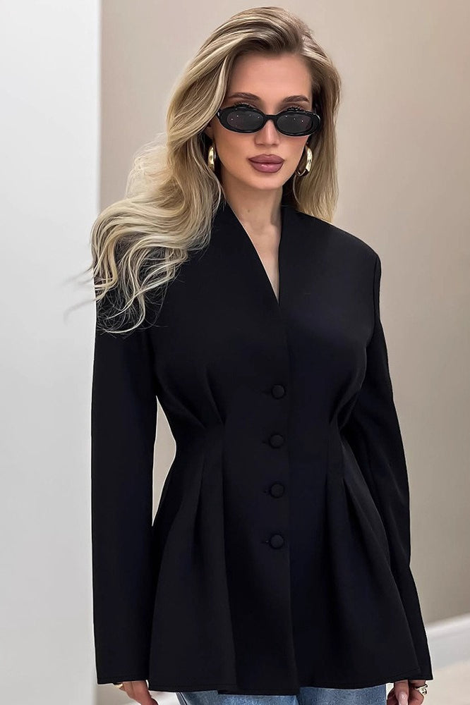 Collarless V-Neck Button Front Pleated Cinched Waist Blazer 2
