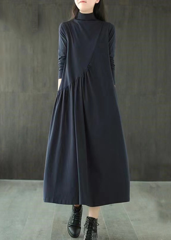Mock Neck Long Sleeve Diagonal Seam Pleated Pocket A-Line Maxi Dress
