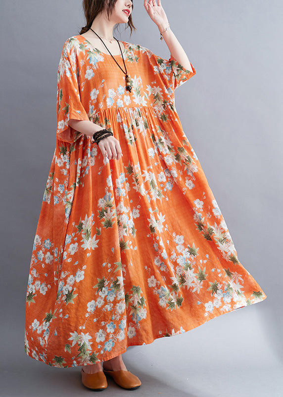 Floral Print Round Neck Elbow Sleeve Empire Waist Crinkled Textured Woven Maxi Dress