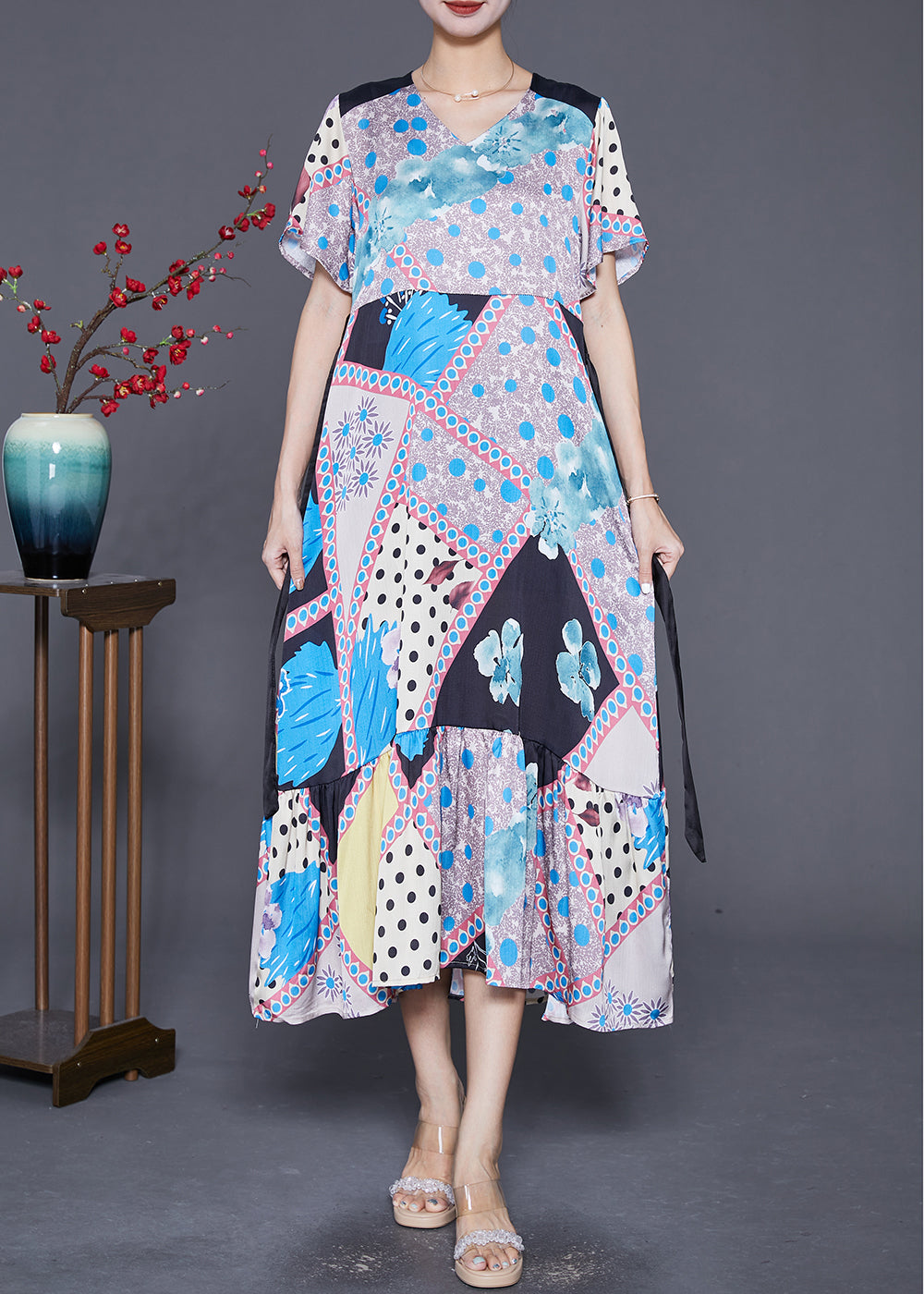 Patchwork Print V-Neck Short Sleeve Tie Ribbon Waist Tiered Ruffle Midi Dress