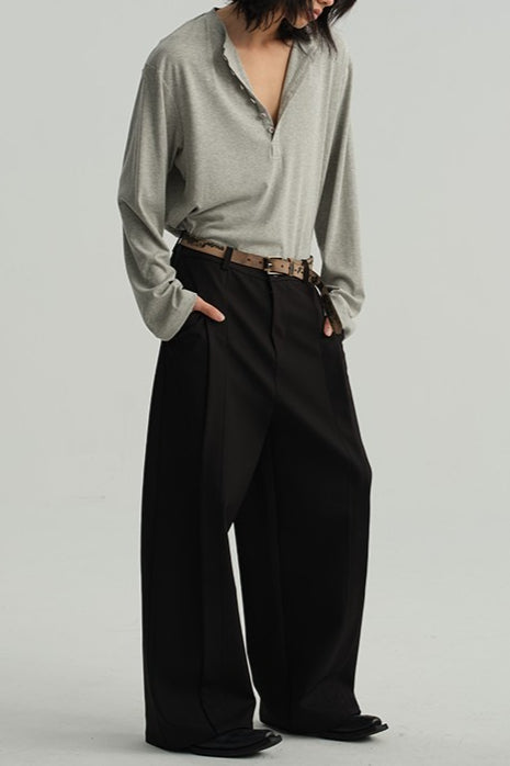 Henley Neck Button Placket Long Sleeve Loose Fit Tee 4