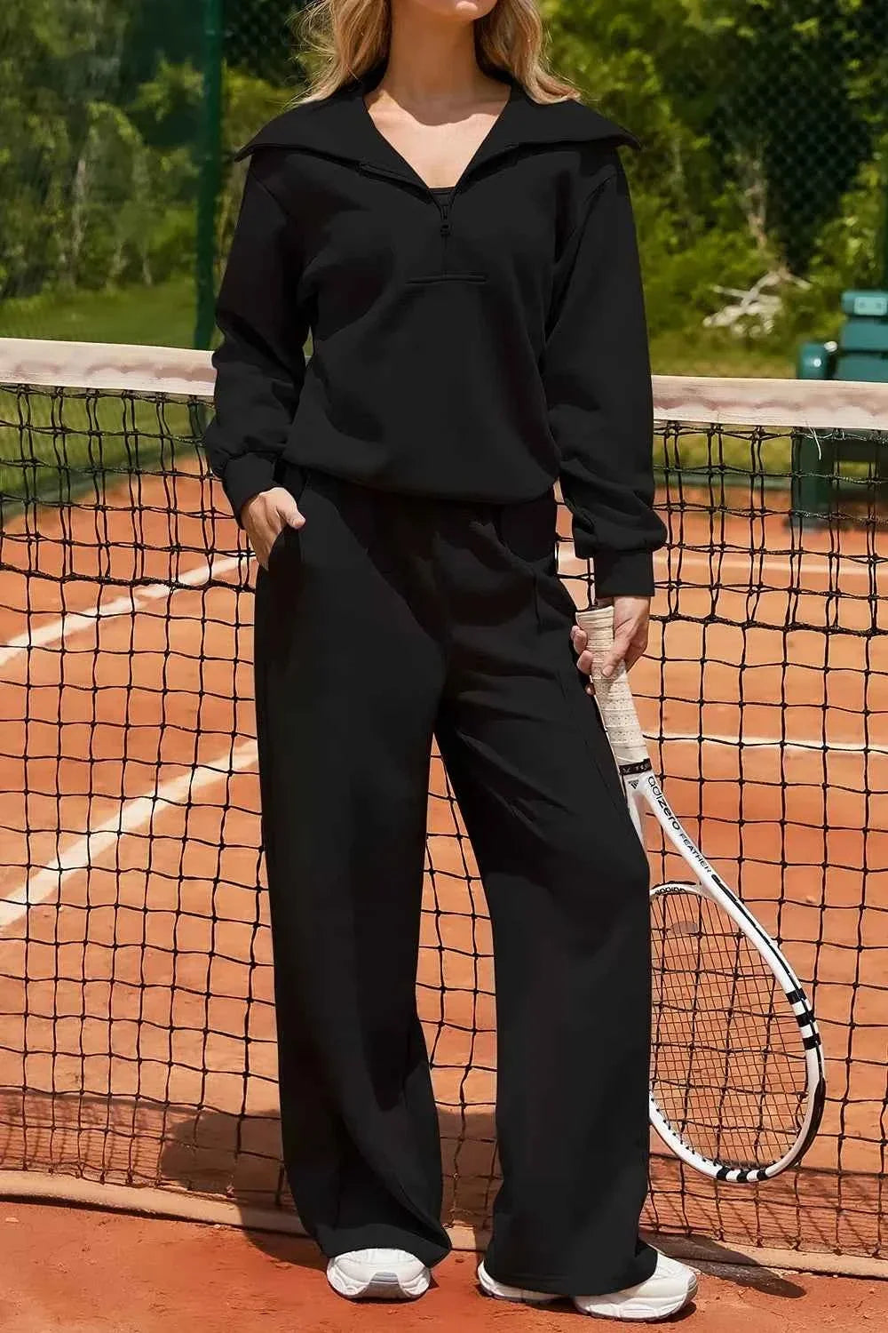Solid Zip Sailor Collar Pullover Athleisure Sweatpants 2pcs Set
