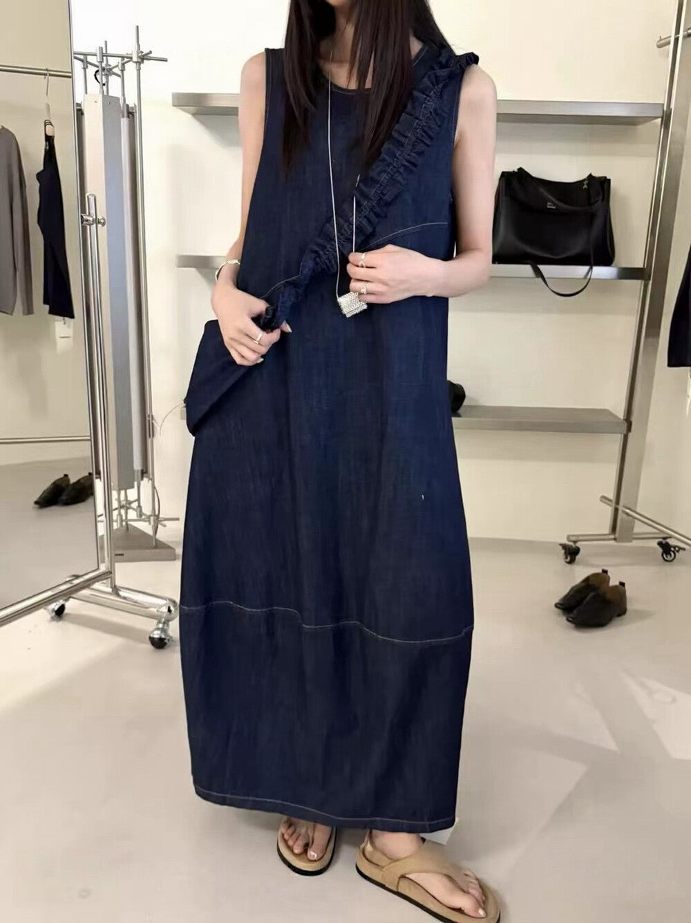 Denim Sleeveless Ruffle Trim A-Line Maxi Dress 17