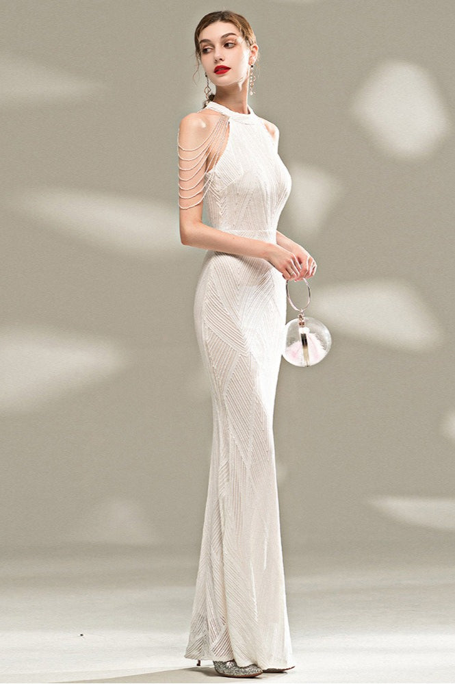 Sequin Halter Neck Fringe Trim Mermaid Maxi Gown