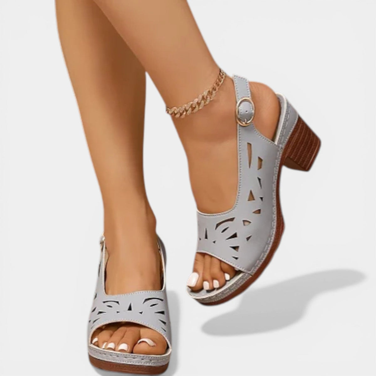 Peep Toe Laser Cut Slingback Block Heel Sandals
