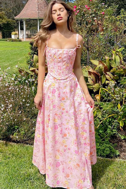 Floral Spaghetti Strap Bustier Corset A-Line Maxi Dress