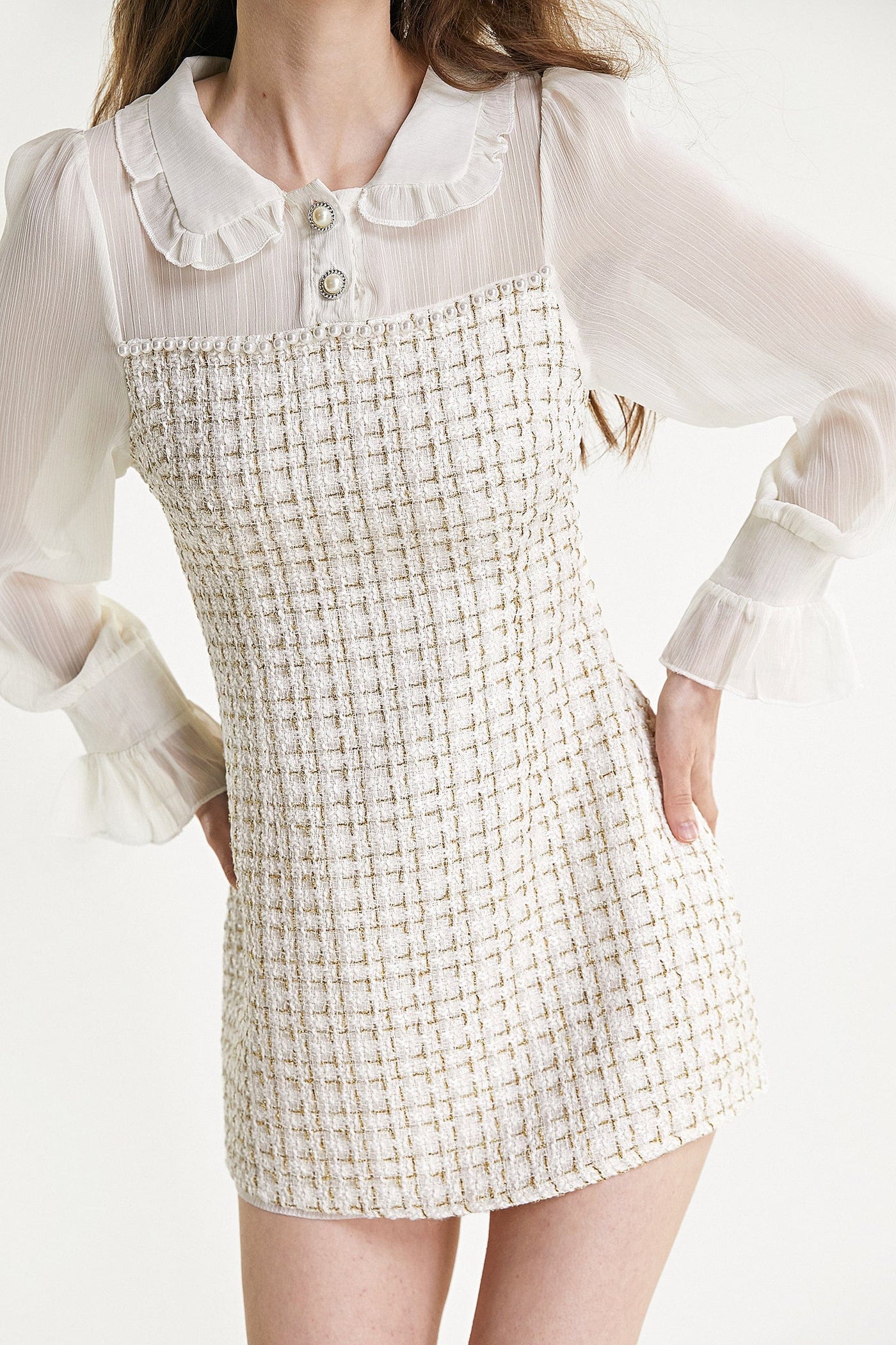 White Mesh Yoke Tweed Mini Dress - View 6