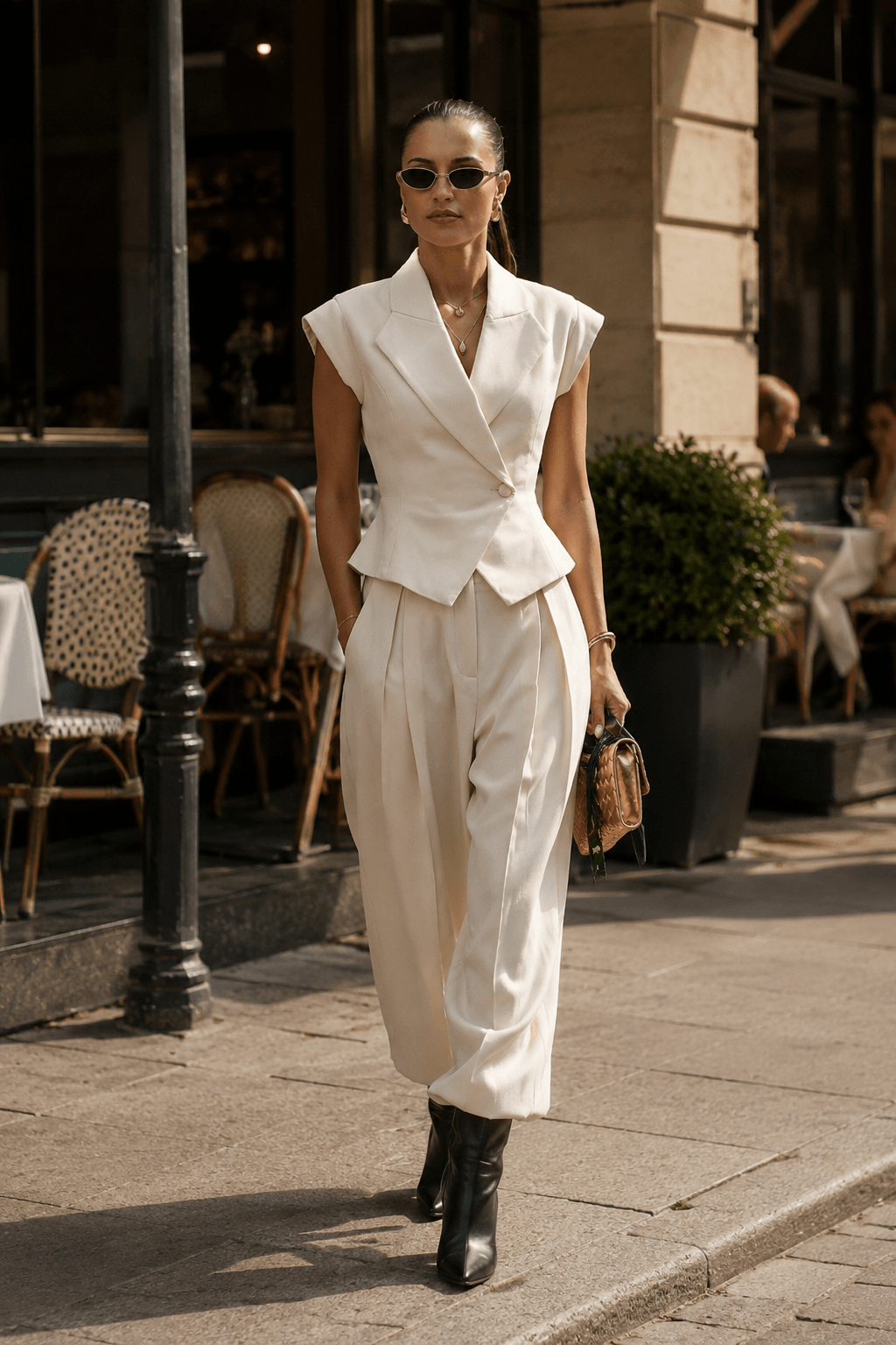 Cinched Sleeveless Vest High Waist Wide Leg Work Set