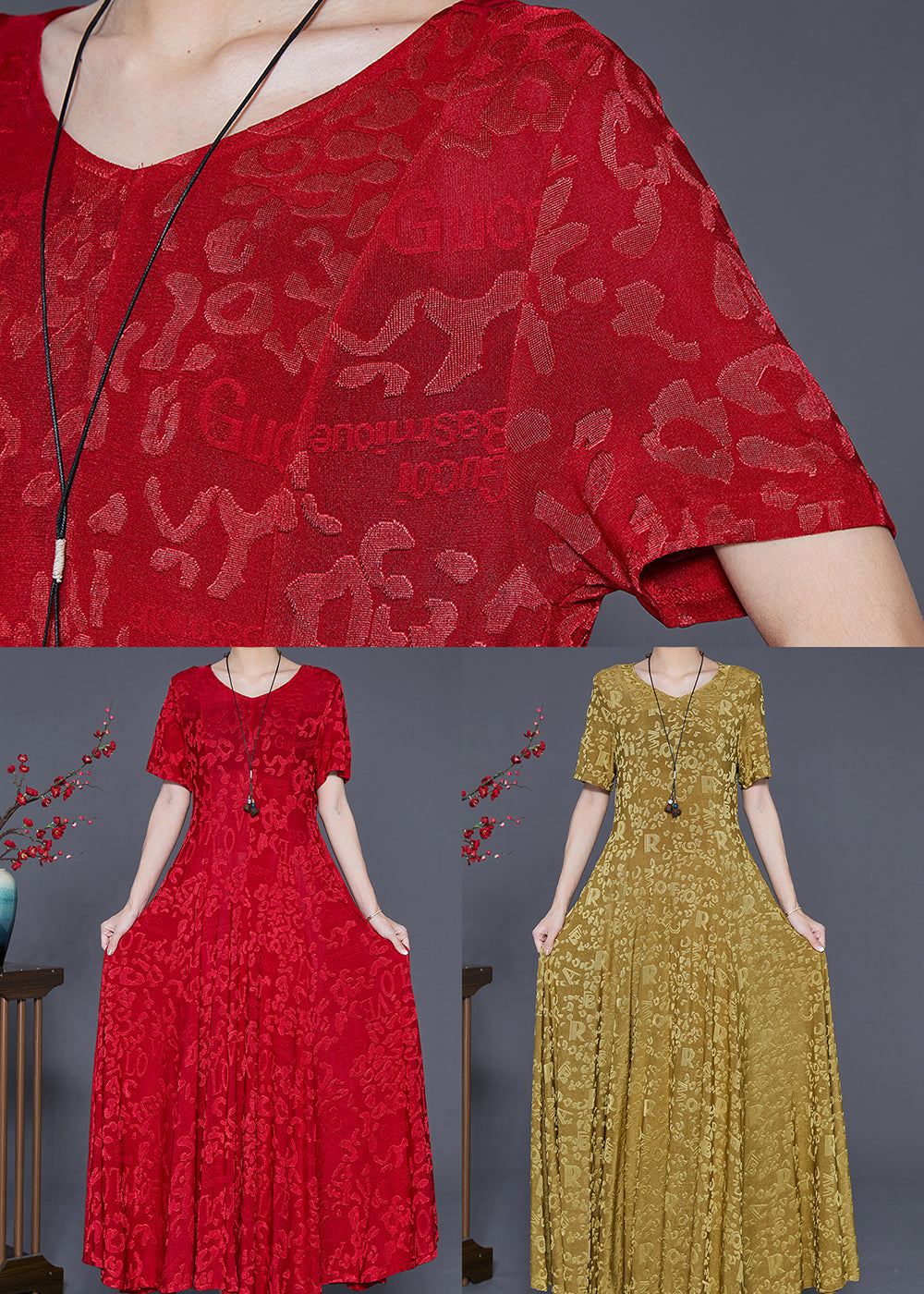 Jacquard Letter Print Scoop Neck Short Sleeve A-Line Maxi Dress