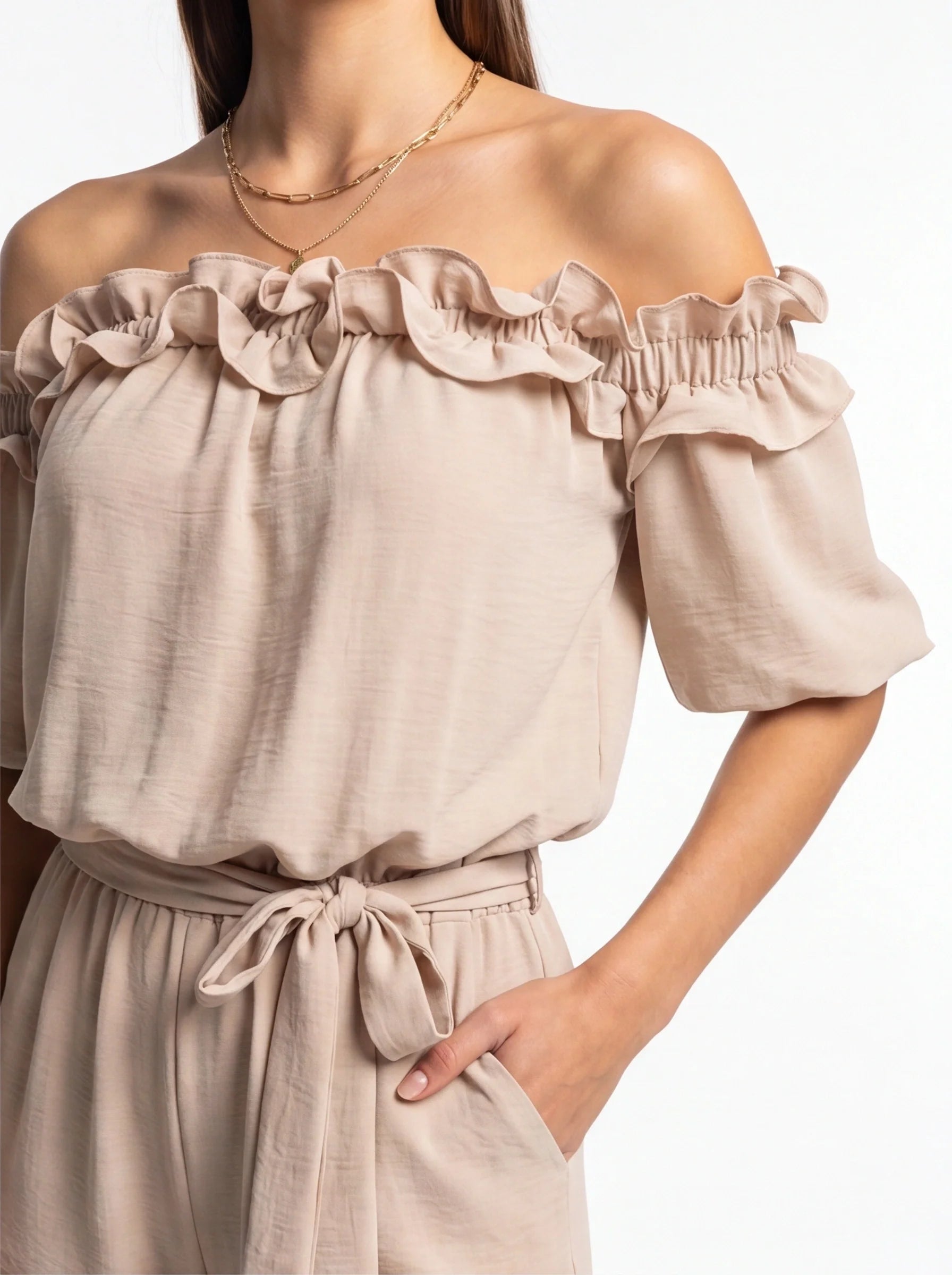 Lightweight Off-Shoulder Jumpsuit with Pockets