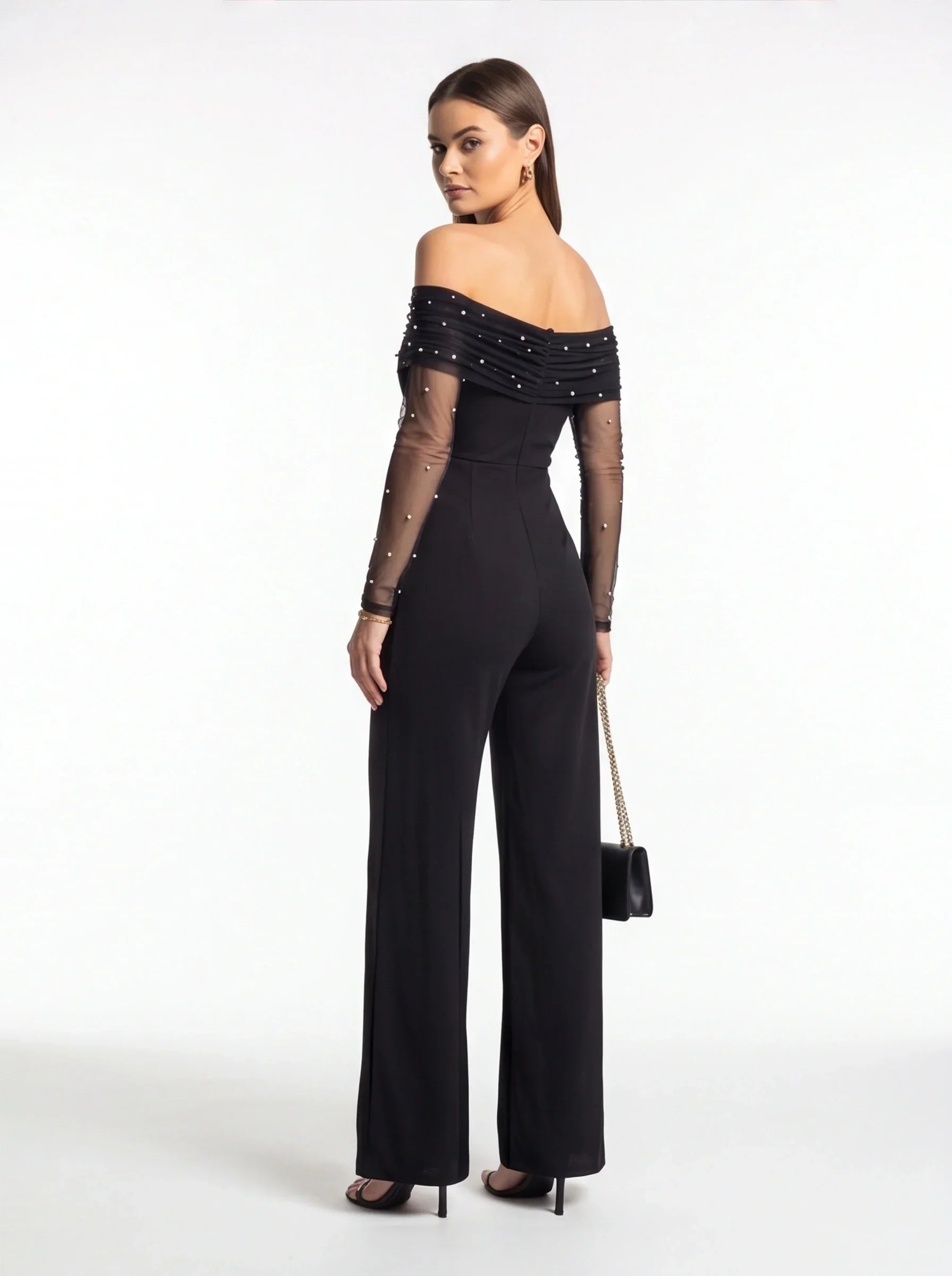 Elegant Sheer Off-Shoulder Jumpsuit with Flattering Fit & Flowing Desi