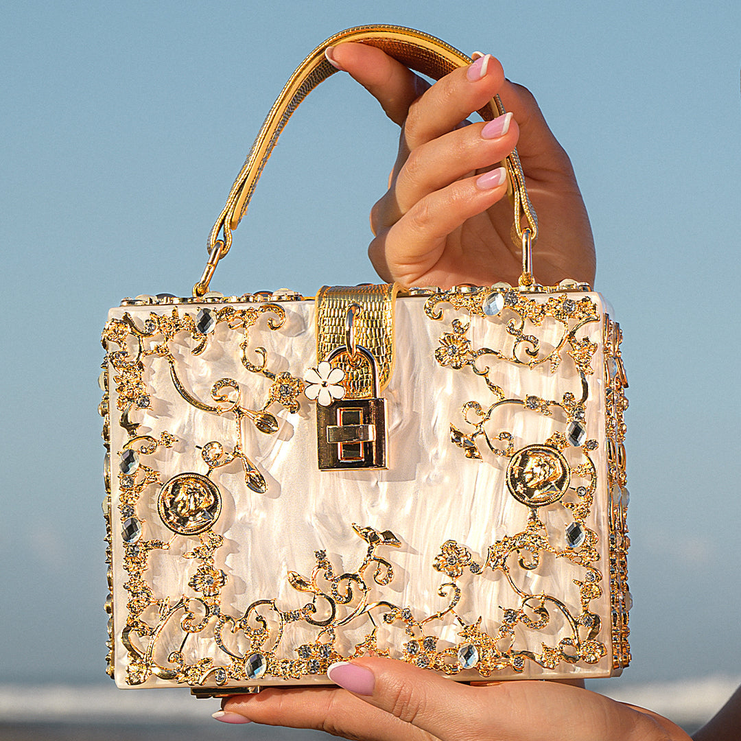 Crystal Embellished Top Handle Box Clutch