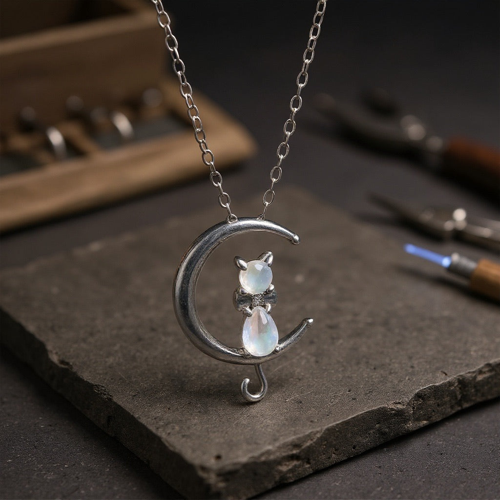 Moonstone Cat and Crescent Moon Pendant Necklace