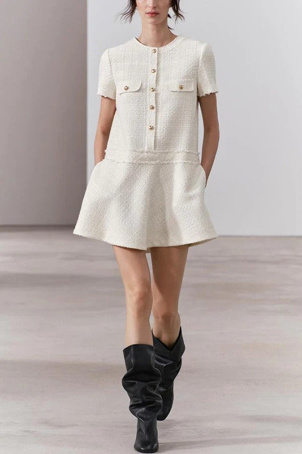 Textured Boucle Gold Button Short Sleeve A-Line Mini Dress