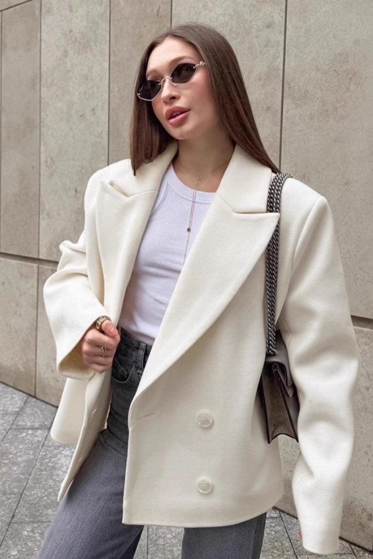Wide Peak Lapel Double Breasted Oversized Wool-Look Blazer Coat