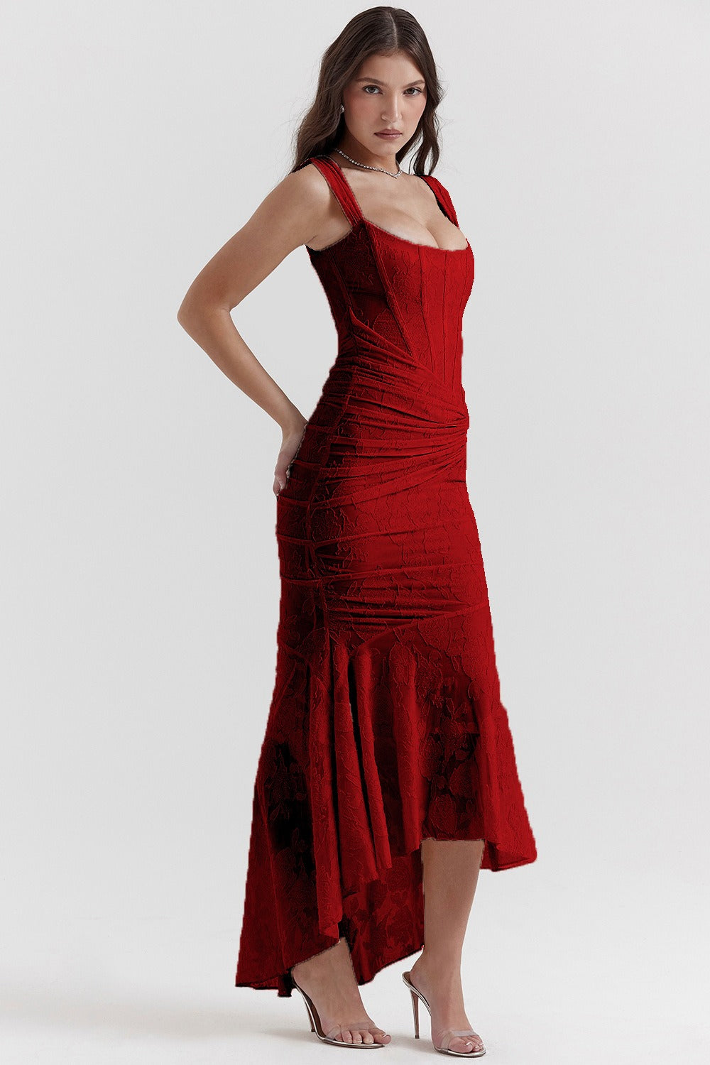 Jacquard Square Neck Corset Ruched Mermaid Gown