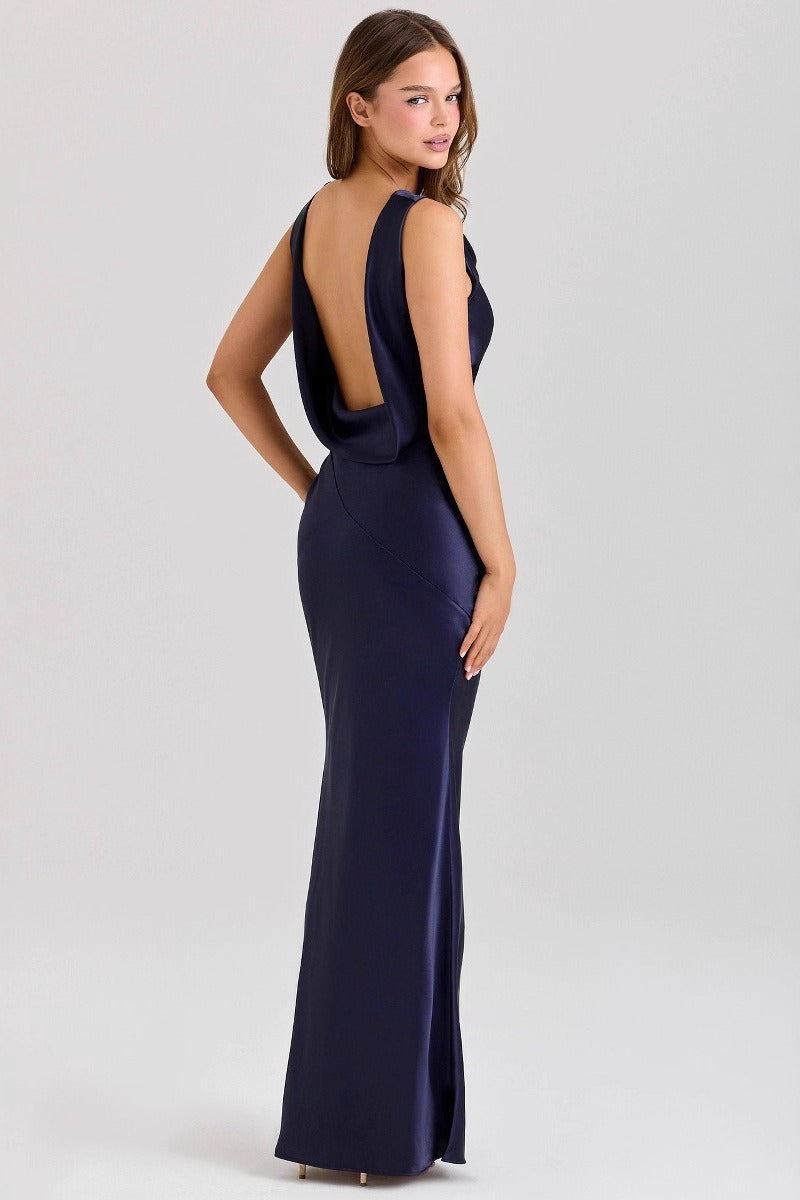 Satin Cowl Neck Sleeveless Bias Cut Slip Midi Dress