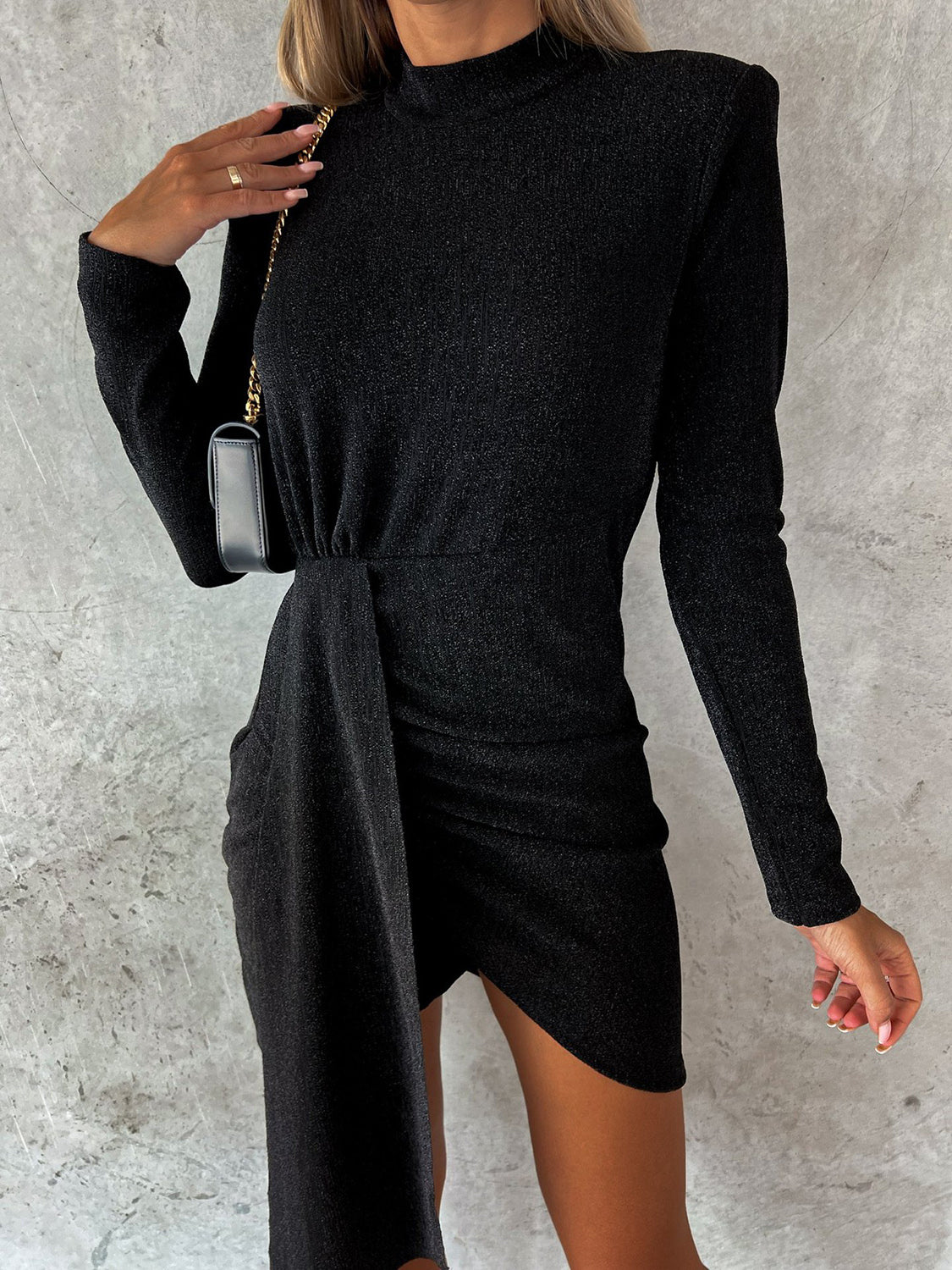 Glitter Knit Mock Neck Long Sleeve Ruched Wrap Mini Dress 9