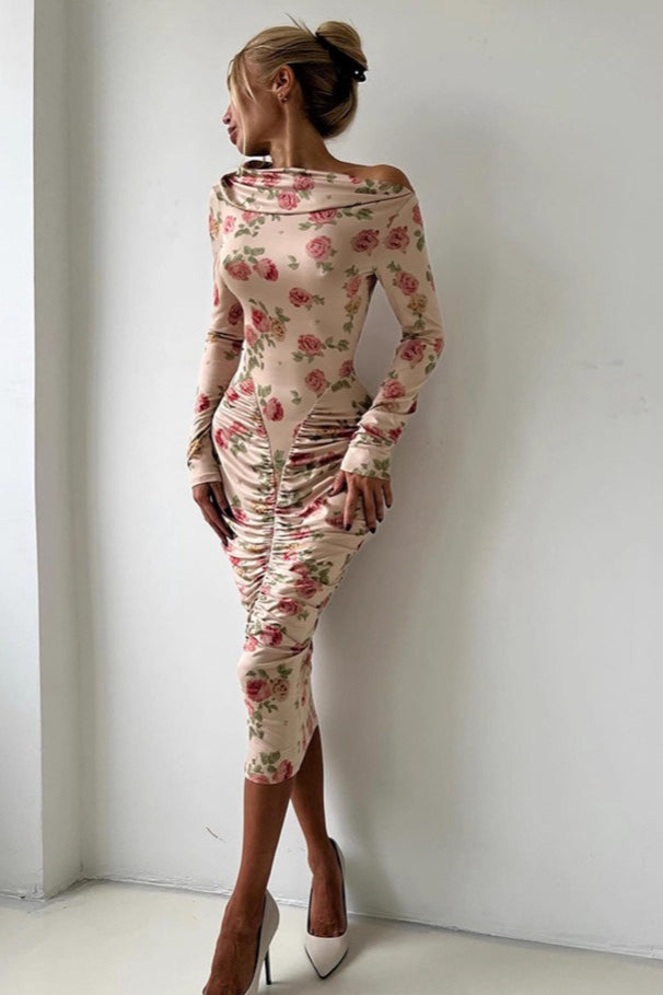Asymmetrical Neck Ruched Midi Dress