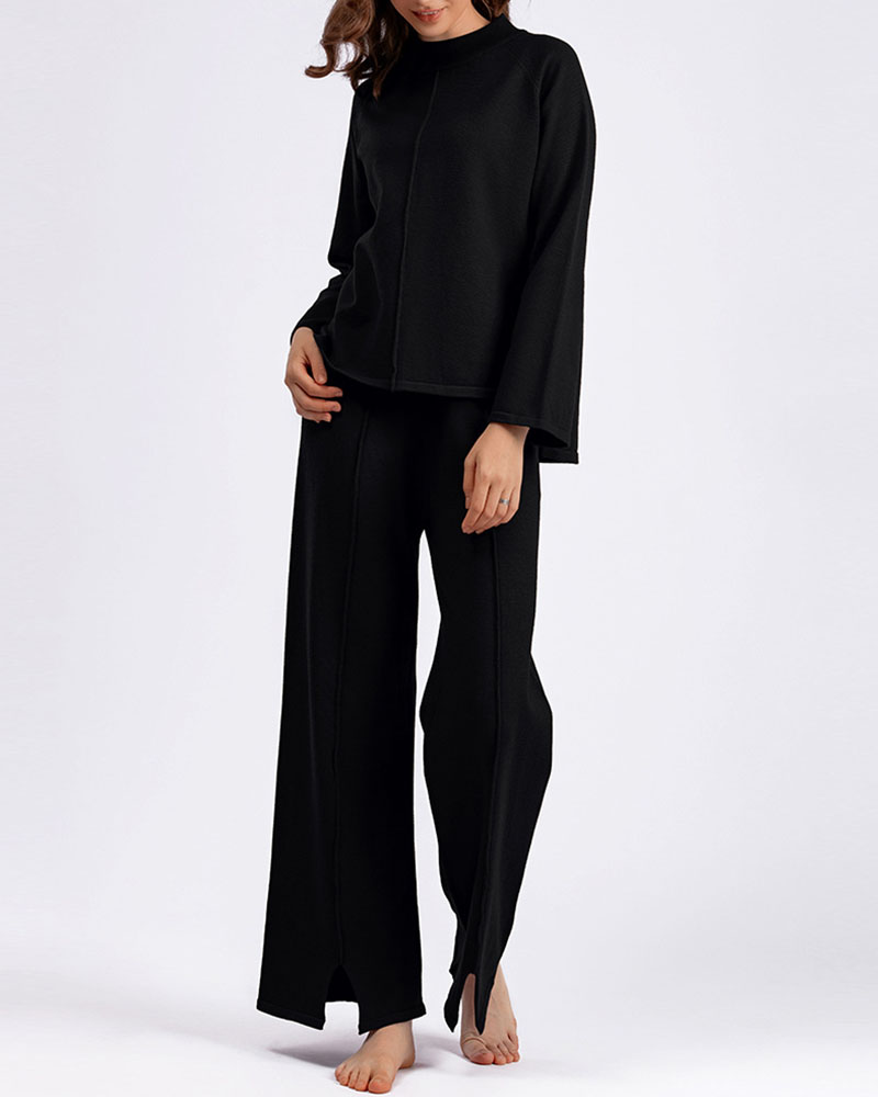 Solid color slit sweater wide-leg trousers two-piece set