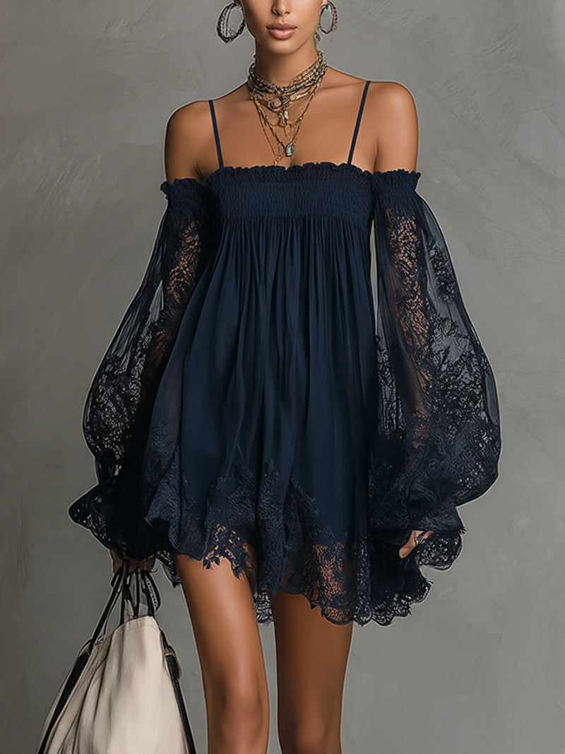 Off Shoulder Lace Bell Sleeve Smocked Mini Dress