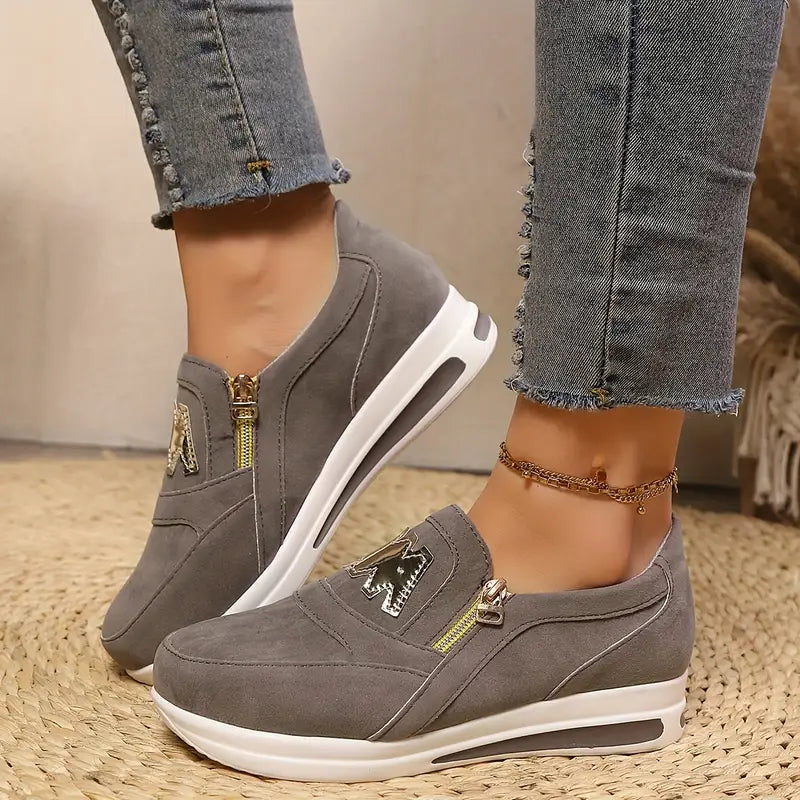 Suede Look Zip Front Platform Slip On Sneakers