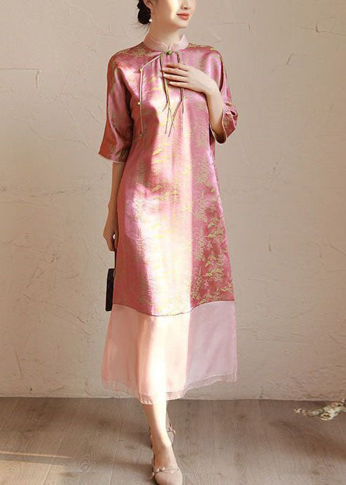 Jacquard Mandarin Collar Tassel Tie Three Quarter Sleeve Sheer Panel Hem Midi Dress