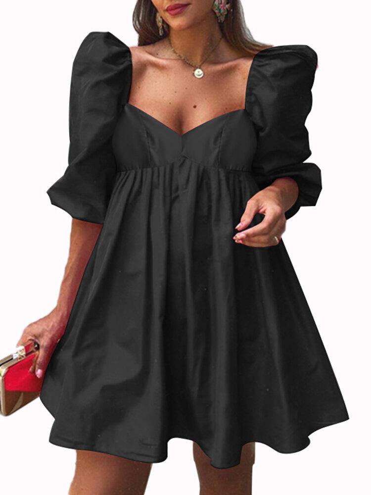 Puff Sleeve Sweetheart Square Neck Empire Waist Babydoll Mini Dress