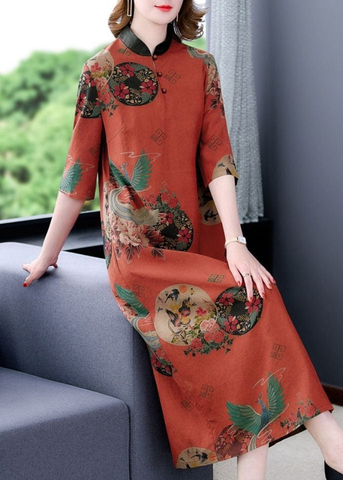 Medallion Print Mandarin Collar Frog Button Half Sleeve Relaxed Midi Dress